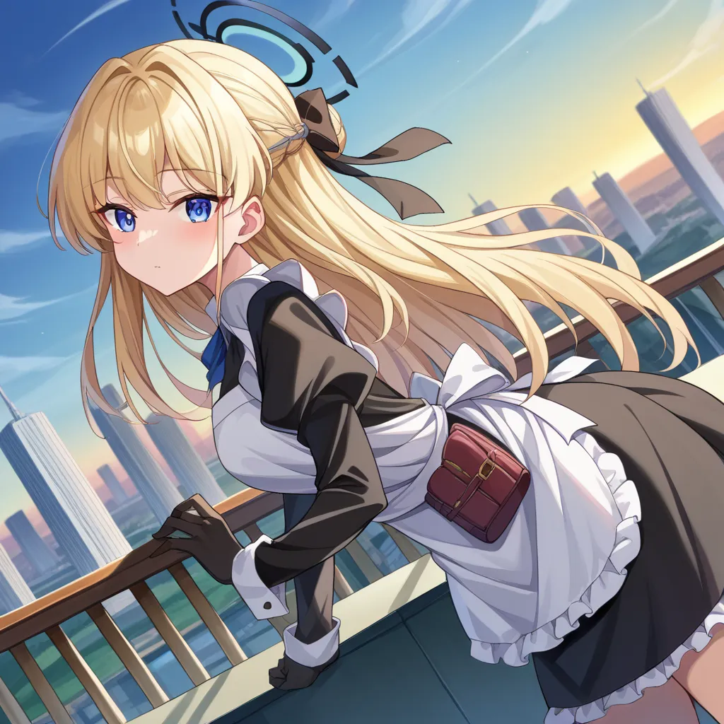 score_9、score_8_up、score_7_up、source_anime、sureasuma、sure、 blonde hair 、 blue eyes、 bun hair、 shorthair、halo、apron、ベルトpouch、黒い d...