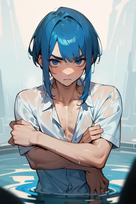  high definition ,  1 boy , handsome, slender, short, blue eyes,  short bob, sideburns are a little long,Diagonal bangs, blue hair, full of bangs,  split bangs that show arms,Slanted Eyes, Slightly thick eyebrows, anatomically correct, white shirt,wet skin...