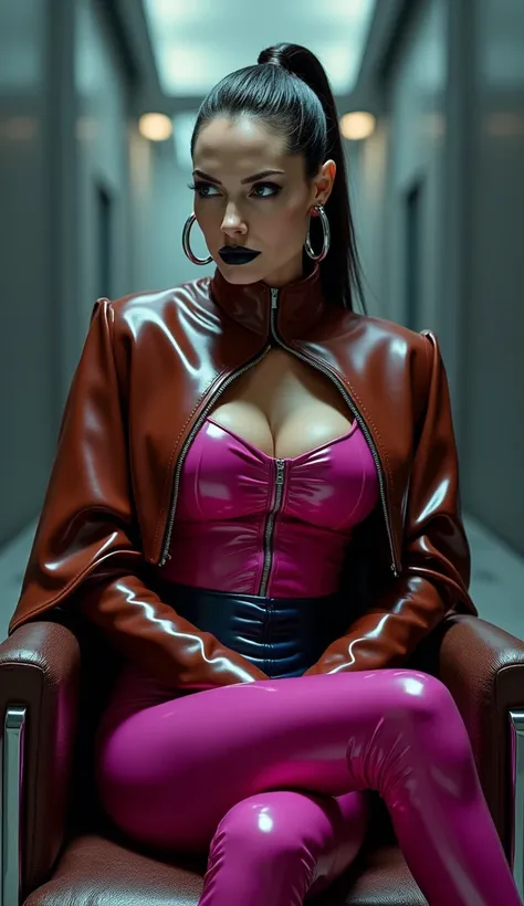 angelina jolie, assise sur fauteuil latex rose fluo jambes croisées latex, brillant, futuriste, chemise latex t-shirt latex marron rouge foncé, col roulé latex marron rouge foncé, t-shirt zippé latex marron rouge foncé, cape latex bleu marine, anneaux méta...