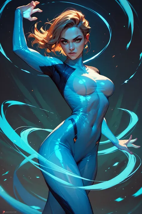 A beautiful woman with a perfect body, glowing translucent electronic ooze bodysuit, dynamic pose