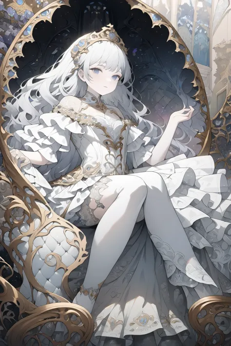 Watercolor and Oil Paintings Fusion , Paper Craft and Shadow Art Fusion , Monochrome and Color Mix , beautiful fallen angel reclining in luxurious and gorgeous chair, wear ( luxurious and gorgeous , Beautiful and Amazing White Angel Outfit with Lace ...