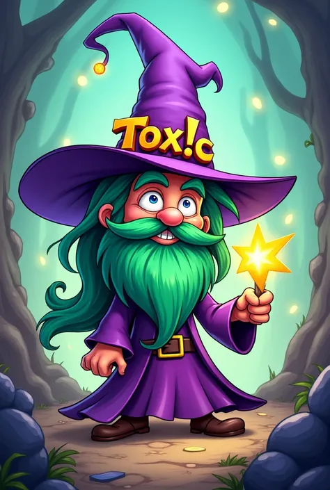 Cartoon wizard with name toX!c on hat, art