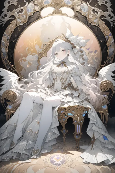 Watercolor and Oil Paintings Fusion , Paper Craft and Shadow Art Fusion , Monochrome and Color Mix , beautiful fallen angel reclining in luxurious and gorgeous chair, wear ( luxurious and gorgeous , Beautiful and Amazing White Angel Outfit with Lace ...