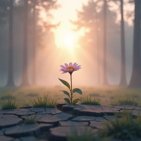 A tranquil scene at sunrise in a misty forest clearing. The setting features soft pastel hues of peach, lavender, and light gray. In the center, a lone blooming flower grows through cracked earth, surrounded by soft grass and subtle light rays breaking thr...