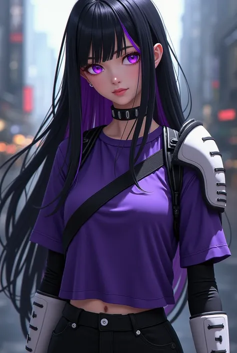  a girl with long black hair with purple bangs ,purple eyes ,She wears a purple shirt with a black stripe with part of the armor,black mini skirt,  black pants , white boots