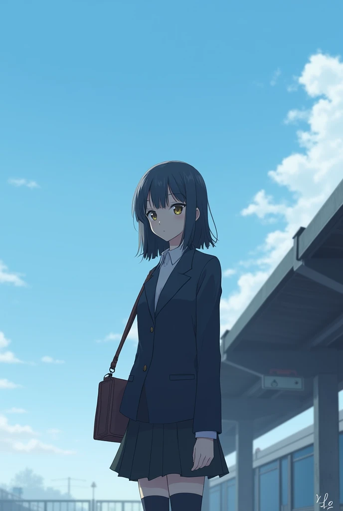 blue sky、In front of the station、Medium haired woman with bangs down、 blazer、 skirt、 high socks、 No Emotion、bag