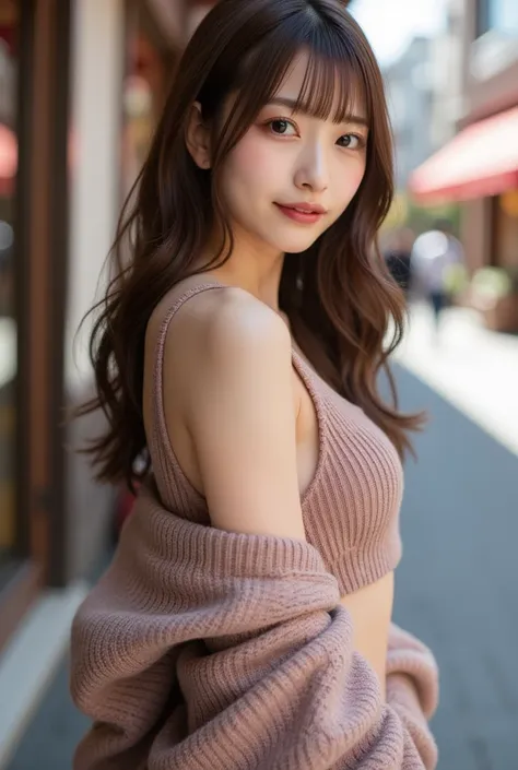 Whole body image of a beautiful Japanese woman with entire head and body visible in the frame without cropping. Large breasts:1.5. wearing autumn clothing, in the city, extremely detailed skin, small head, cute face, brown straight hair:1.21, neatly styled...