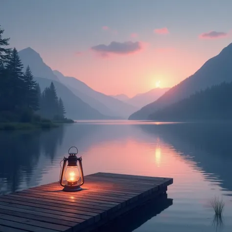 A serene lakeside landscape at twilight, with a calm body of water reflecting soft pastel colors of pink, blue, and gold. In the foreground, a single lantern glows warmly on a wooden dock, symbolizing guidance and hope. Distant mountains and a faint, glowi...