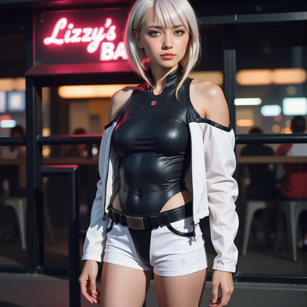 "Ultra high resolution, UHD, Ultra-detailed, hyper-realistic skin texture, high-quality rendering, Photorealistic portrait , lucynova” “choppy bob, asymmetrical pure white hair styled in a layered "Short Pink and blue highlights” **"She is wearing a sleek ...