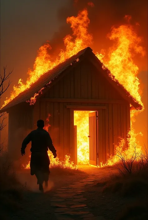 The wooden cottage engulfed in flames, burning fiercely. Taraknath is seen running toward the door in panic, but the shadowy figure surrounds him completely.