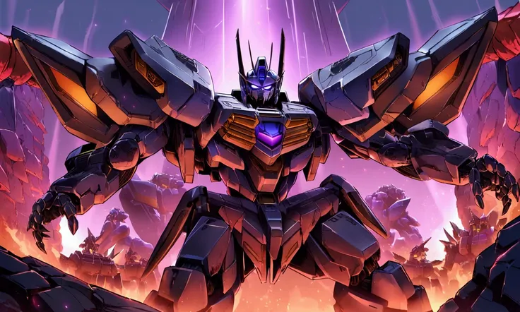 (Transformers, rise of the fallen) evil decepticons plan to invade earth from their Lunar base (coral like technological structure with many sharp points, evil lighting) Many evil robots roam nearby