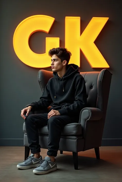 :

Create a 3D illusion for a profile picture where a 20 Year old cute boy in a black hoodie Sitting casually on a Wingback chair. Wearing sneakers, he looks ahead. The background features "GK Irfan in big and capital Yellow light fonts on the dark grey wa...