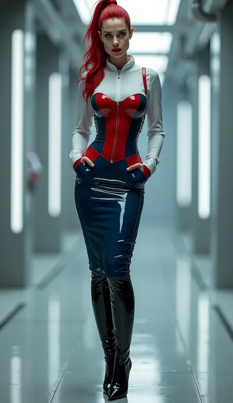 Angelina Jolie vêtue dune tenue professionnelle futuriste en latex avec une jupe crayon en latex bleu marine, corset latex rouge foncé, noir saute, queue de poney cheveux, chemisier en latex blanc, bottes au-dessus du genou talon aiguille. mains dans les p...