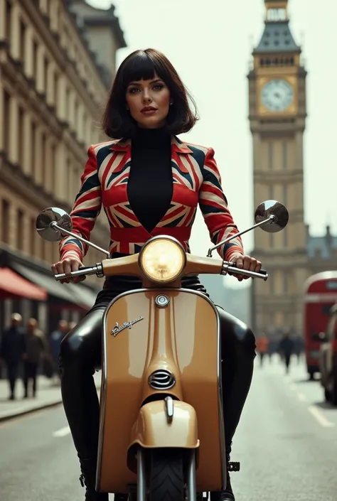  time is 1967 swinging London 、 full body view of one very beautiful 25-year-old glamorous 60s fashion woman 、Shes riding an old 60s Vespa scooter in London 、 Big Ben、 Tight Union Jack tailored jacket in a black turtleneck on black skinny pants long boots、...