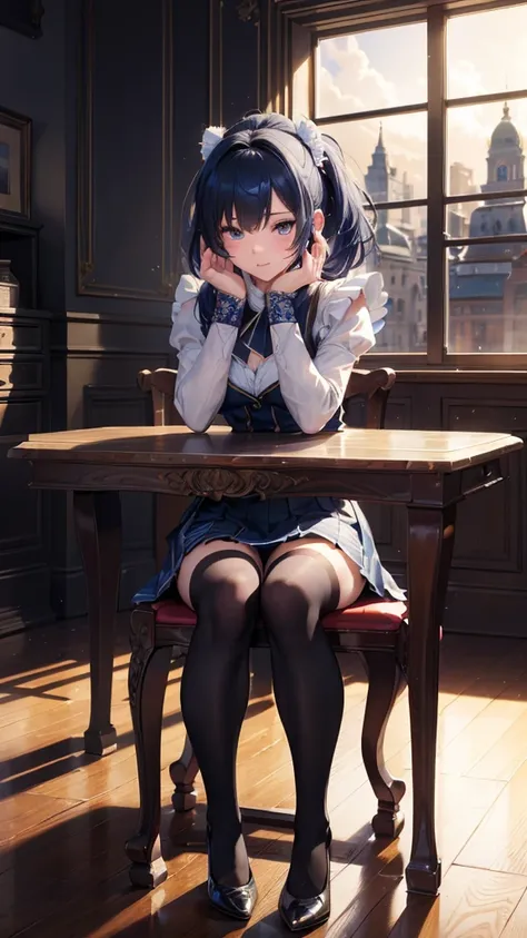 highly  Detailed, 8K, masterpiece, 1 Girl, Blue pleats_hair_Tube, skirt, bending_Exceed , giggle, (PERFECT_Face), Sitting, table, Gorgeous,  intricate ,  Dramatic Lighting , 4K,  Detailed_background, Caustics, Full_Body, (  Ultra Realistic  :1.3), bloom,( ...