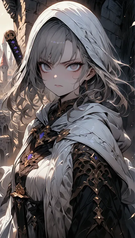 (masterpiece), (((award winning art))), (((highly detailed))), (dark fantasy setting), 1girl, solo, grey eminence girl, short grey hair, grey eye color, simple robe with hood, dagger, serious face expression, small breasts size, cowboy shot, ((full body po...