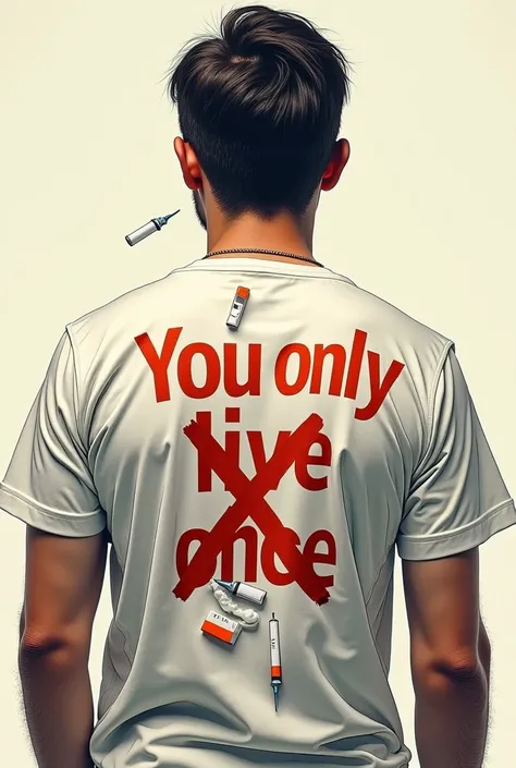 Draw me the following photo:
The main words: "You only live once" lying on the back of the mans shirt.
The front of the man is the image of cigarette packs, needles.
There is an X sign on the image of cigarette packs, needles
Fontsless font, large font siz...