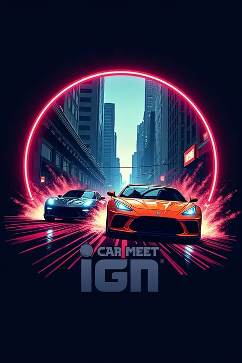 Make me a logo with a dark GTA rally in the background and in the middle sign IGN and under it car meet