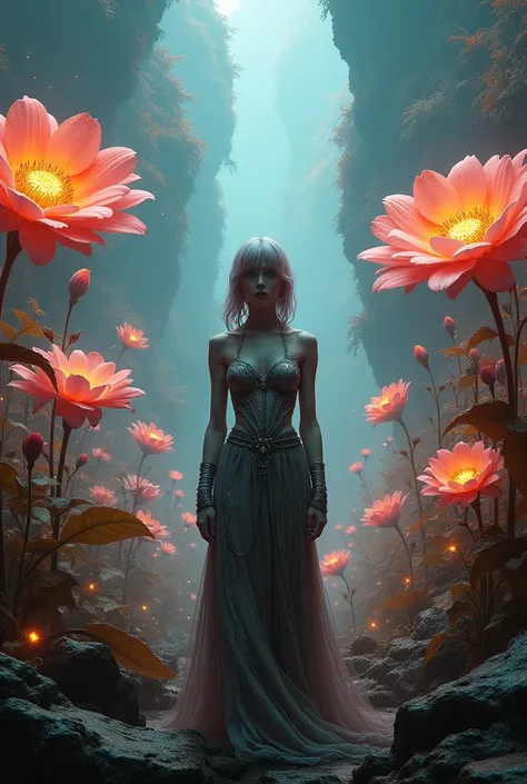 , is set against a surreal, otherworldly garden where the flowers are enormous and luminescent, and the air is filled with floating, glowing particles and mixed up multiple realities with unknown creatures from an ancient past (((metallic ominous war))) [i...