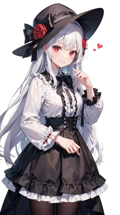 masterpiece,  is of the best quality, 1 Girl,  unique , Long_hair, Check_exist_Check者, white hair,  red eyes ,  Smile,  bangs, skirt, shirt, Long_sleeve, hexist, skirt, bow, Hold, closure_Mouth, flower, frills, hair_flower, flower瓣, flower束, Hold_flower, c...