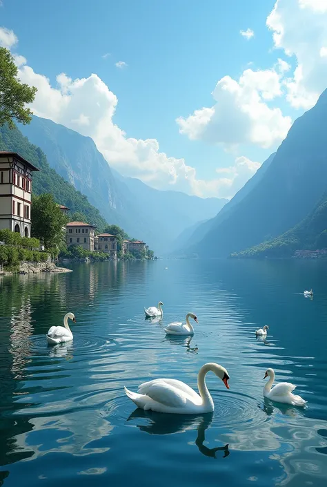 Lac de Côme, Italie : Villas et cygnes. Une vue sereine sur le lac de Côme, entouré de montagnes verdoyantes. De somptueuses villas avec des jardins en terrasses bordent le rivage. Des cygnes glissent gracieusement sur l’eau, qui reflète le ciel bleu parse...