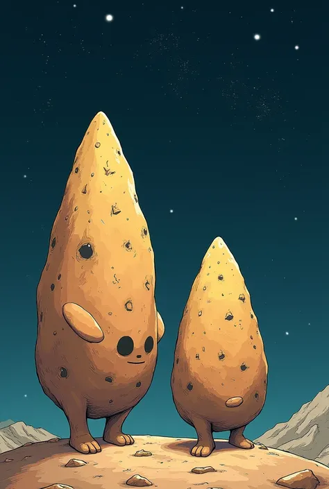 There are two strange types of meteorites among meteorites， They got their name because of their unusual shape ， and one like a camel ，One like a teardrop ，Request a retro anime hand-drawn style 