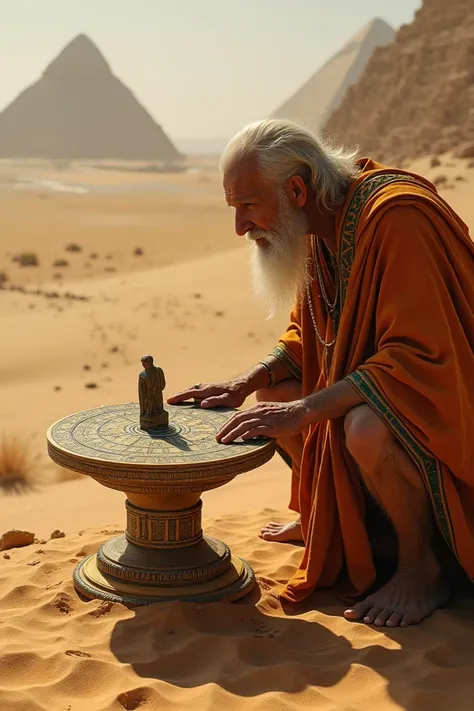 Sundial in Ancient Egypt :  An Egyptian priest used a sundial to determine the time of worship,  with an elongated shadow on the sand 