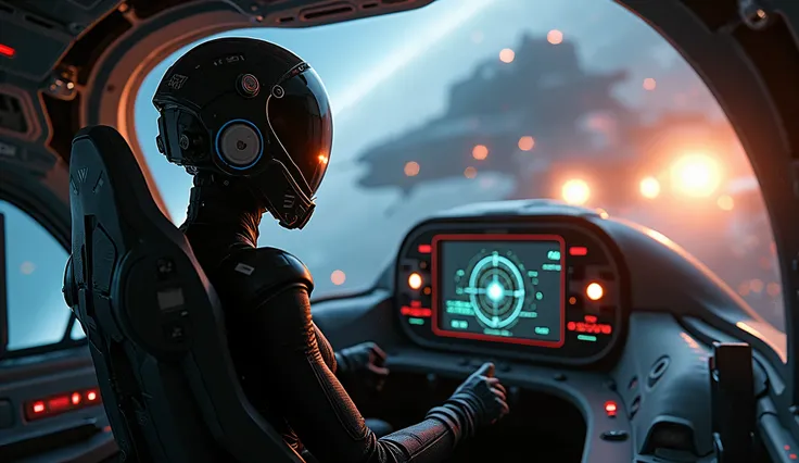  Female pilot in a fighter cockpit ,  black tight suit with a neural interface ,  helmet with extended view and tactical display ,  is surrounded by holographic control panels ,  dynamic lighting from the engines of other ships, view of a space battle  