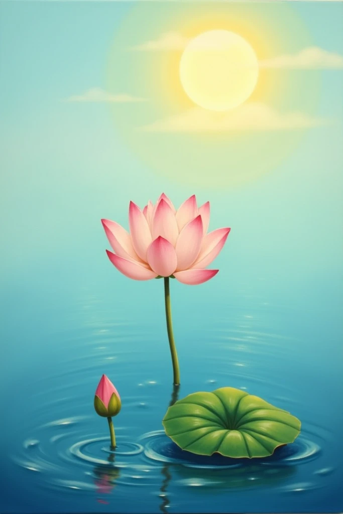 Painting of lotus blossom above water, lotus bud underwater, lotus leaf above blue water, sun,nature