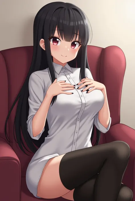  characters、 anime style、solo, adultの女性、adult、Beauty、Years、 chair that avoids my chest、 your legs are crossed、 black stockings 、heel、valley、chest、 sharp eyesight 、Mole around the eye、Long Hair、Black Hair、Beauty、Older sister、 looking at me、大きなchest, 黒い sexy...