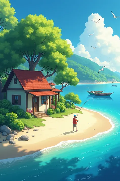 (best quality,4k,8k,highres,masterpiece:1.2),ultra-detailed,(realistic,photorealistic,photo-realistic:1.37),Ghibli-style,a person fishing on a deserted island,house on the island,sunny weather,gentle breeze,warm and cozy,serene scene,beautiful seashore,cry...