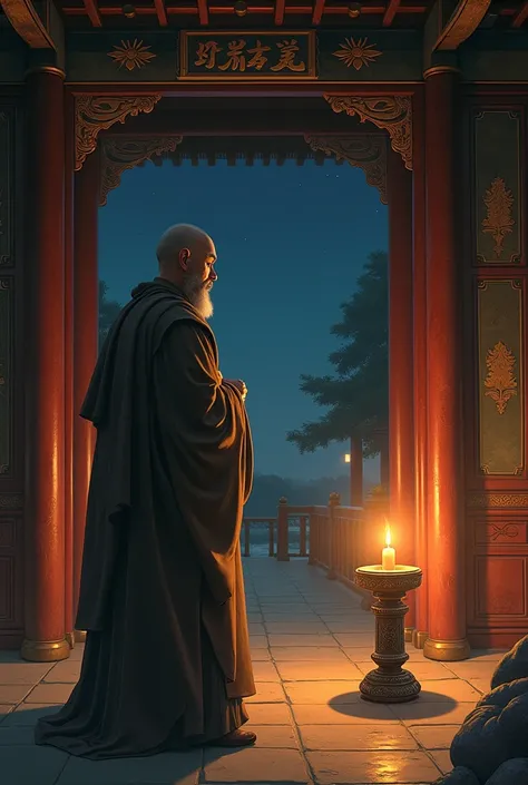 Candlestick Clock in Ancient Chinese Night :  A monk in a Chinese temple notices the time sign in a lit candle to begin meditation.