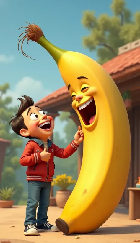 
A man is standing with a huge banana. He is laughing, his mouth is open. Pixar style








 