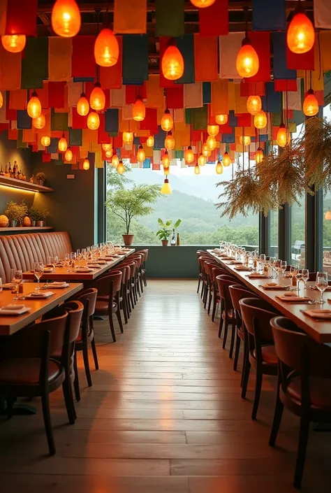 make a design for a restaurant with a bunch of prayer flag in the background and it should be very simple and with a orange and a yellow light theme 