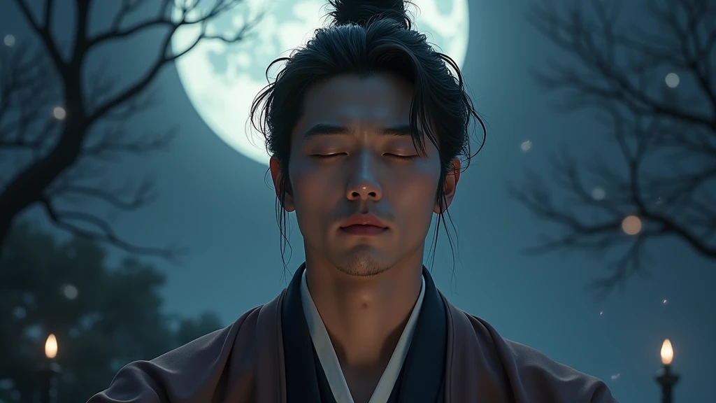 Very handsome korean man meditating at night