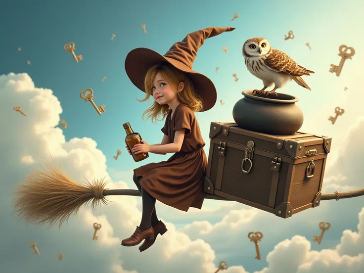 The image portrays a young girl in a wizarding fantasy world. She is seen sitting on a broomstick, soaring through a cloudy sky. The girl is wearing a witchs hat and a brown dress, holding a bottle in her hand. The broomstick is carrying a trunk with a liv...