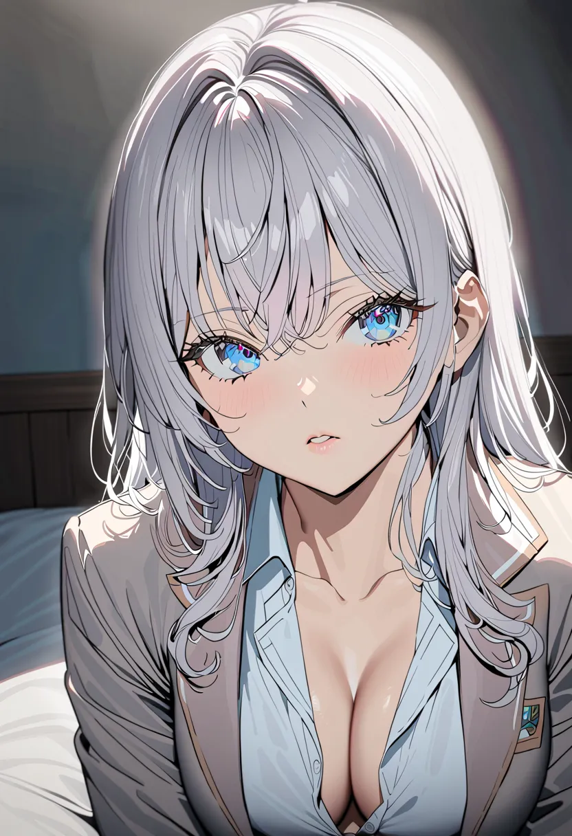 a beautiful silver-haired girl in a school uniform, with a moderate bust and slightly unbuttoned shirt, 1girl, school uniform, s...