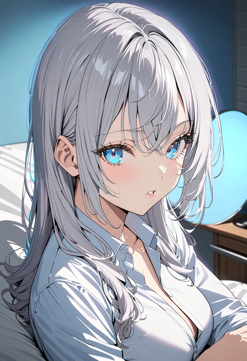 a beautiful silver-haired girl in a school uniform, with a moderate bust and slightly unbuttoned shirt, 1girl, school uniform, s...