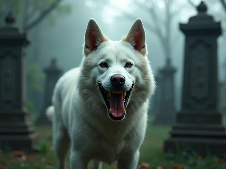 Image of a white Vietnamese dog with a red nose, One side of the face has only protruding cheekbones and shaggy fur. baring its sharp fangs ferociously, surrounded by a creepy cemetery with Vietnamese style tombs, realistic horror and ghostly images 4k