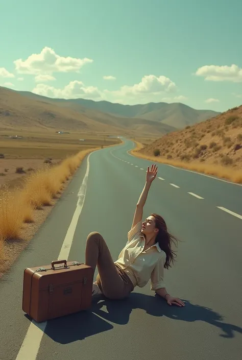 Woman on her back with suitcase in her right hand waving for a ride on the road to stop the car