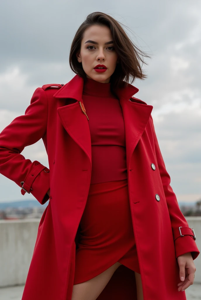 A high-fashion model in a sleek red trench coat, with striking makeup and a sharp, commanding presence