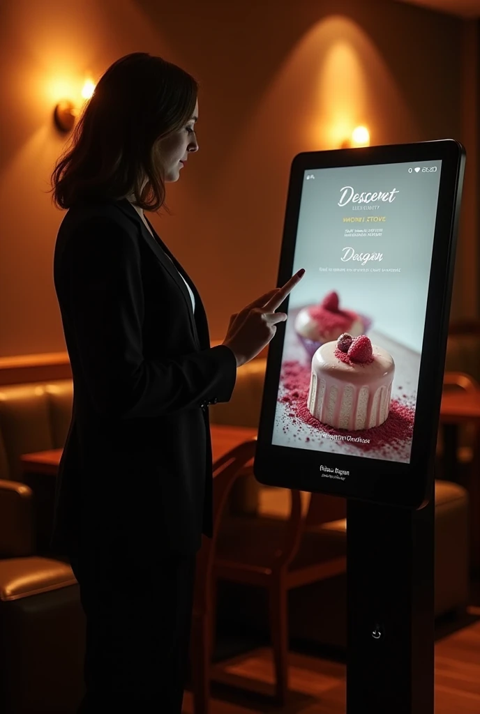 1 person is choosing the dessert menu in front of the floor touch dispenser. Side corner