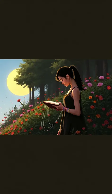 Ankitha, 2D image, Large yellow sun in background, women walking side view, too many flowers, pony hairstyle, walking while reading, hand filled with bracelets, threads from hands