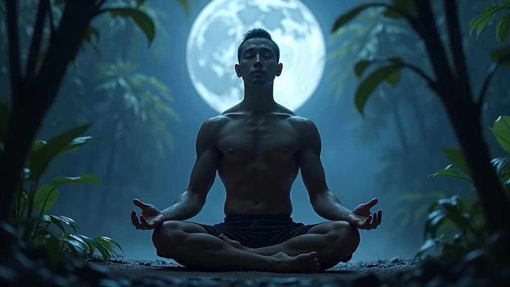 Very handsome Thai man meditating at night