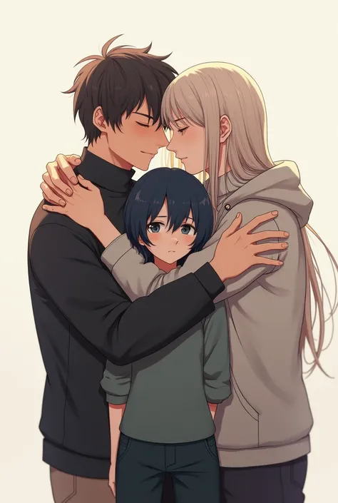   1 person behind tall hair long hair wearing turtlenecks and shoulder length jackets outside pants ,  person in front with low breasts person behind short hair wearing hoodie laughing, coplanar viewing angle
only 2 people above are hugging each other , th...