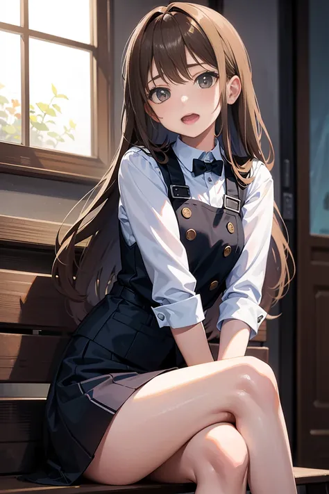 girl sitting in a seated position、Age 30、 embarrassed expression、 brown hair with a large shield, Open Mouth 、Looking up、Upper eye use、uniform