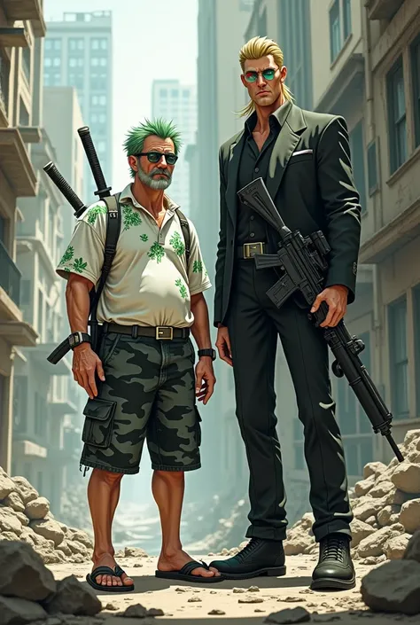 Male , Missy short hair green color ,white polo with green flowers ,have red eyes, gray facial hair in the chin ,wearing flipflop, black short gray camo,eye glasses,dual katana on his back. Male in black suit with facial hair,blonde mullet ,green eye, tict...