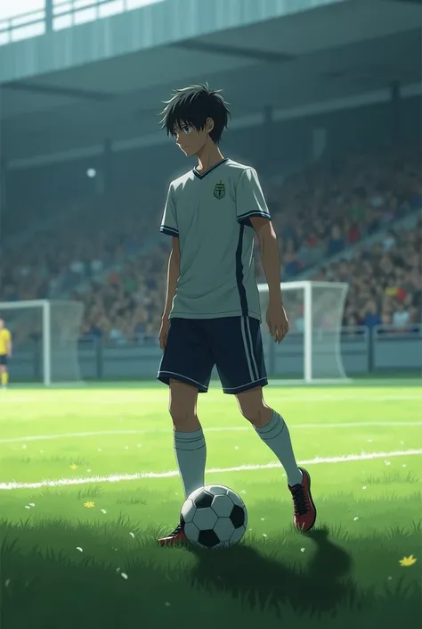 A anime beautiful boy was sad and he was playing football 
