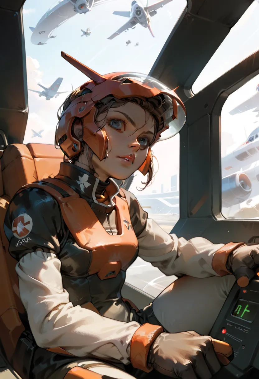 oc, a ace pilot in cockpit view, serious normal woman,without helmet,black pilot suit,90’s style.the scene has a dark,war,horror...