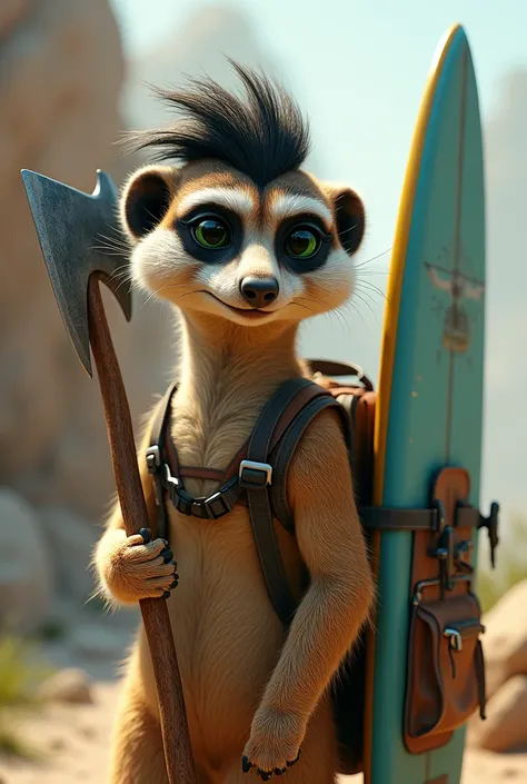 Meerkat with green eyes ,  with a hairstyle with a black gradient, with an ice axe and a surfboard and with a backpack 